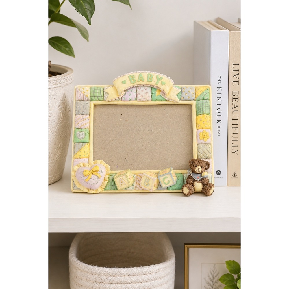 Vintage 3D Resin Baby Picture Frame Teddy Bear Quilt Blocks Nursery Decor Pastel